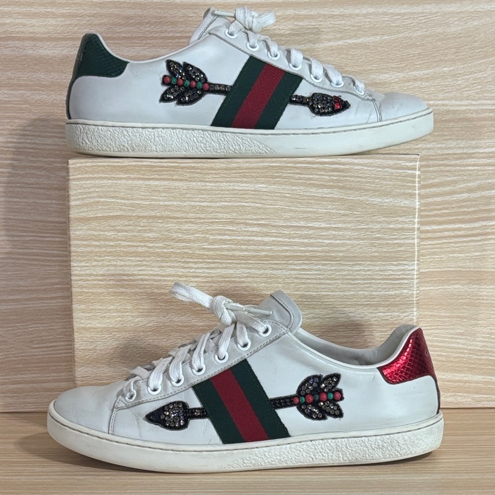 Gucci Ace Crystal Arrow Sneakers White Leather Sz 38 US 8 - Picture 3 of 11